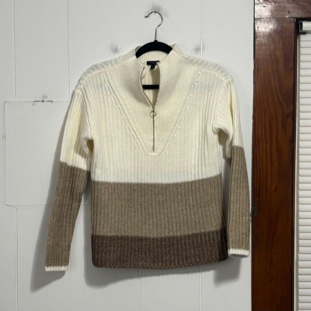 Talbots wool blend beige colorblock quarter zip sweater petite small